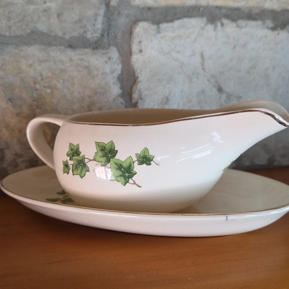 Greenbrier Green Ivy Gravy Boat & Underplate Paden City Pottery Mid-Century MCM